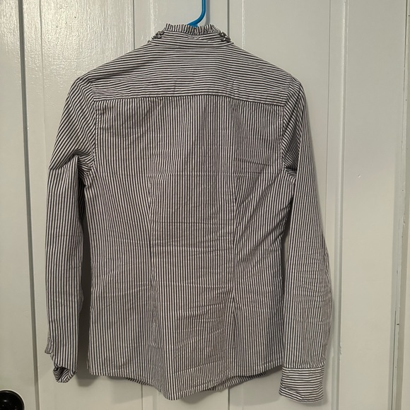 Elle Stripes Button Down with Jeweled Ruffled Collar. - Picture 2 of 6